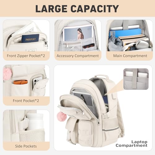 WINDARS School Backpack for Teen Girls, Cute Laptop Backpack for Women Students, Middle High School Bags Aesthetic Bookbag for College Travel Fit 15.6 Inch Laptop (Beige)