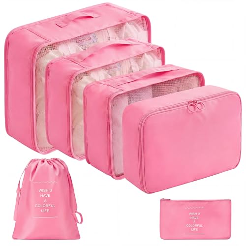 LANSKLBD 6/8 Set Packing Cubes for Suitcases Travel Luggage Packing Organizers,Travel Accessories Essentials Luggage Organizer with Shoe/Tioletry/Laundry Bag (Pink, 6 set) - color: Pink, size: 6 set