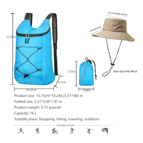 levayhill 16L Small Lightweight Foldable Backpack Sun Hats Travel Set,Blue | Compact Packable Daypack with Bucket Hat For Men Women, Collapsible Bag Quick-dry Outdoor Hiking Beach Summer Fisherman Hat - color: Blue