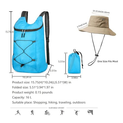 levayhill 16L Small Lightweight Foldable Backpack Sun Hats Travel Set,Blue | Compact Packable Daypack with Bucket Hat For Men Women, Collapsible Bag Quick-dry Outdoor Hiking Beach Summer Fisherman Hat - color: Blue