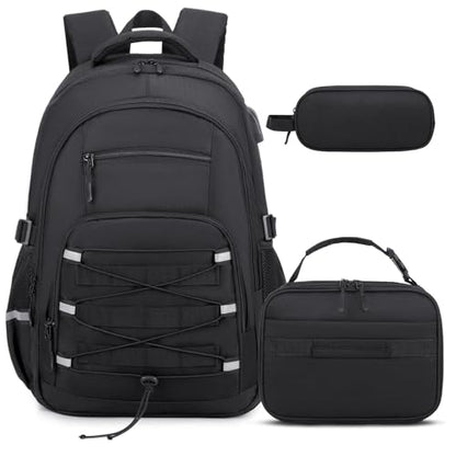ACESAK Camo Backpack for Boys, Tactical Kids Backpack Boys, School Bags for Boy Children Teens Kids Elementary Middle High School, Military Bookbag and Lunch Bag Pencil Case Set with USB Charging Port - color: Black