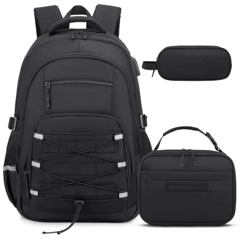 ACESAK Camo Backpack for Boys, Tactical Kids Backpack Boys, School Bags for Boy Children Teens Kids Elementary Middle High School, Military Bookbag and Lunch Bag Pencil Case Set with USB Charging Port - color: Black