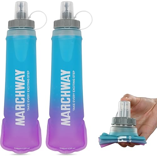 MARCHWAY Soft Hydration Flask with Wide Mouth, 300ml/500ml Collapsible TPU Water Bottle, Leakproof Portable Flexible for Running, Hiking, Cycling, Climbing, Gym, Travel (2pcs Blue-Purple 500ml) - color: Blue Purple, size: 500ML