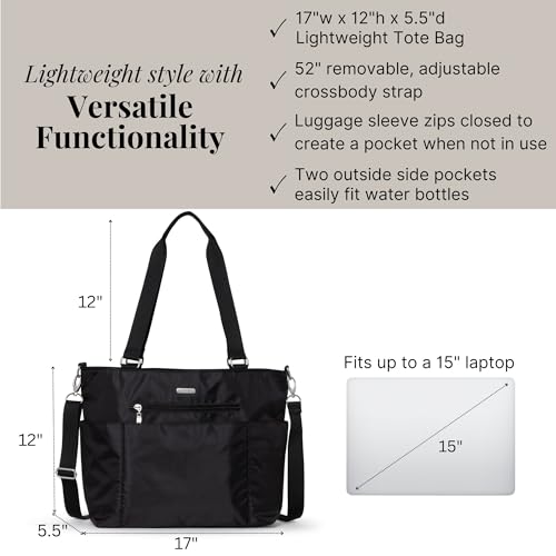Baggallini Essential Laptop Tote - Work Tote Bag with Laptop Sleeve - Lightweight Travel Crossbody Shoulder Bag for Women - color: Black