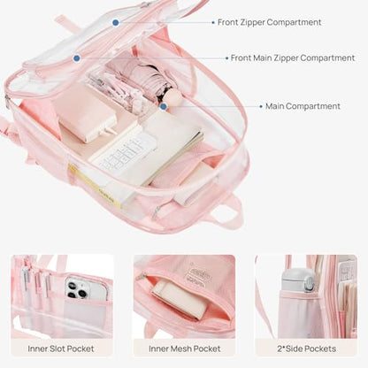 Telena Clear Backpack with Multi-pockets, Heavy Duty TPU Transparent Bag with Reinforced Straps, Large See Through Bookbag for College, Work - Pink - color: 1-pink