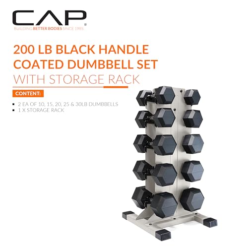 CAP Dumbbell Set with Rack, Rubber Coated Hex Free Weight Set | 100–300 lb Options, Vertical Space-Saving Storage for Home Gym Strength Training - size: 200 lb Set - Light Gray Rack, style: Chrome Handle
