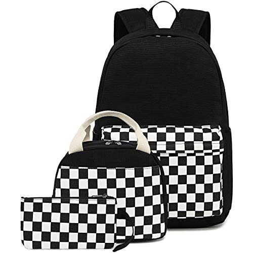 CAMTOP Girls Backpack with Lunch Box Set, Cute Bow School Backpack for Kids, 3-in-1 Lightweight Lunch Bag and Pencil Pouch - color: Black White Grid