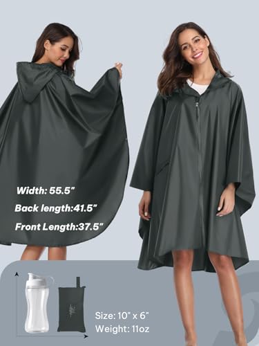 SaphiRose Unisex Rain Poncho Waterproof Raincoat Hooded for Adults Women with Pockets - color: Deep Grey
