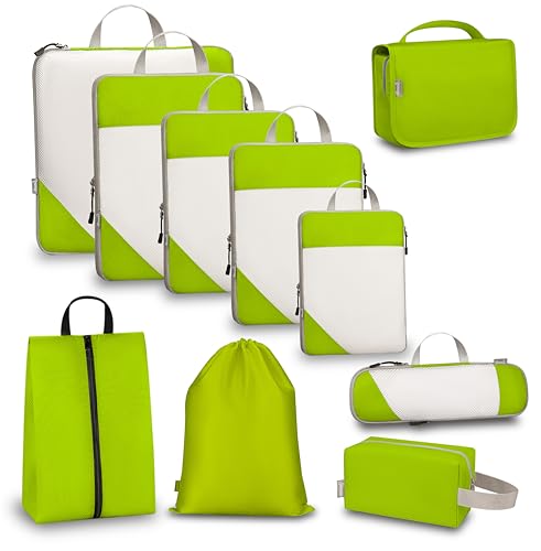Compression Travel Packing Cubes with White Mesh, Green, 10Pcs | Waterproof fabric and See-Through Mesh, Space-Saving Compression Organizer for Travel and Daily Clothes Storage - color: Green, size: Set of 10