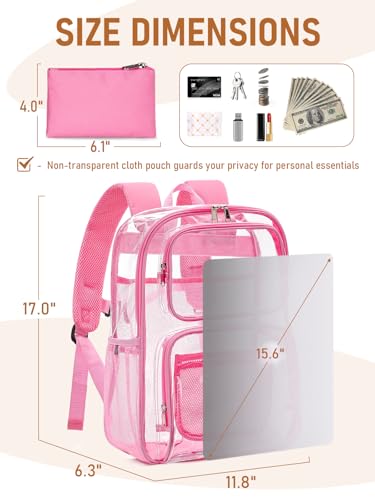 Clear Backpack Heavy Duty for Women Men Boys Girls, Large Clear Bookbag See Through Backpack for School College - color: 7#pink+pouch-no Reflective Strips