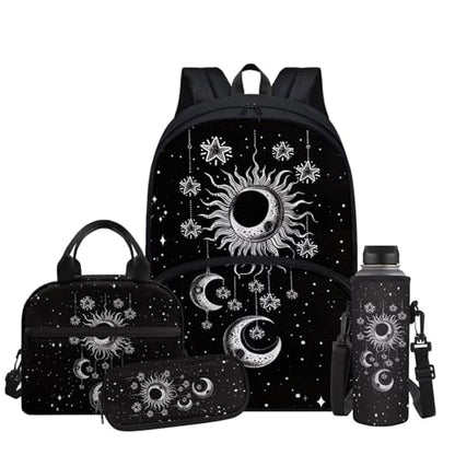 Goth Sun Moon Stars Backpack for Girls Kids Backpack with Lunch Box Water Bottle Bag and Soft Pencil Case 4Pcs Set 17" Bookbag with Large Front Pocket for School Sturdy Elementary School Bag - color: Gothic Sun Moon and Stars