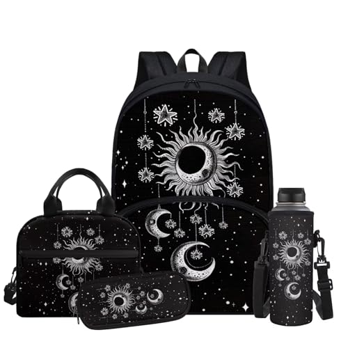 Goth Sun Moon Stars Backpack for Girls Kids Backpack with Lunch Box Water Bottle Bag and Soft Pencil Case 4Pcs Set 17" Bookbag with Large Front Pocket for School Sturdy Elementary School Bag - color: Gothic Sun Moon and Stars