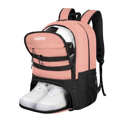 LARIPOP Soccer Backpack with Ball Holder & Shoe Compartment Large Capacity Sports Bag for Training - color: Flesh Pink