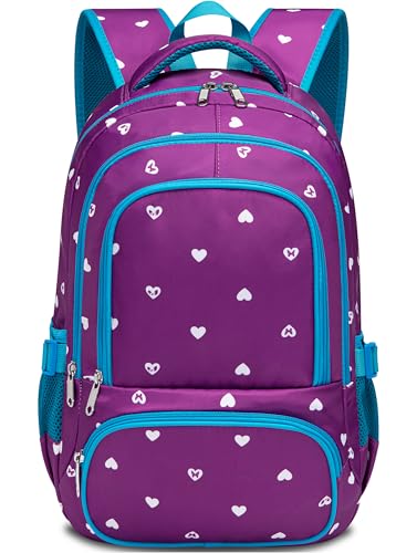 BLUEFAIRY Kids Backpack for Girls Primary Elementary School Bag Bookbag for Childs Book Bag Mochilas Escolares para Niñas de 4-6 Back to School Cute Gifts 17" Heart Print/Purple - color: Sky Blue / Purple