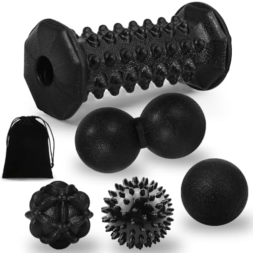 Massage Ball & Foot Roller 5 in 1 Set,Foot Massager Roller-Lacrosse,Peanut,Spiky,Hand Exercise Massage Ball for Plantar Fasciitis Relief and Myofascial Release,Deep Tissue Massage,Reflexology Tool - color: 5-piece Set(black)