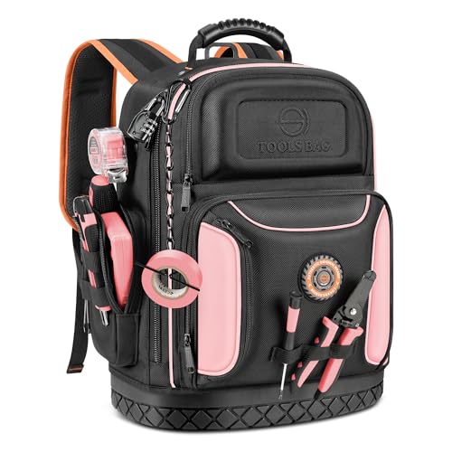 Tool Backpack Bag, Durable Electrician Backpack Tool Bag for HVAC with Waterproof Molded Base, Construction Work Heavy Duty Tools Organizer Bags with Combination Lock Large - Pink - color: Pink&Orange