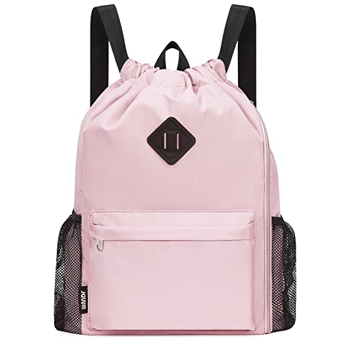 WANDF Drawstring Backpack Sports Gym Bag with Shoes Compartment, Water-Resistant String Backpack Cinch for Women Men (Large,Pink) - color: A-large Pink, size: Large