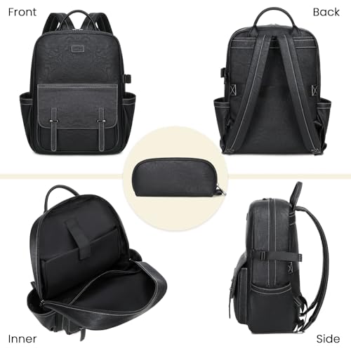 Vegan Leather Laptop Backpack for Women Designer 15.6 Inch PU Laptop Bag, Ladies Travel Computer Work Backpack - color: Black