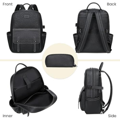 Vegan Leather Laptop Backpack for Women Designer 15.6 Inch PU Laptop Bag, Ladies Travel Computer Work Backpack - color: Black