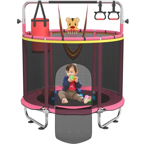 Trampoline for Kids, 55" Indoor & Outdoor Toddler Trampoline, Anti-Rollover Bottom Kids Toys with Adjustable Gymnastics Bars, Toddler Swing, Basketball Hoop - color: RoseRed