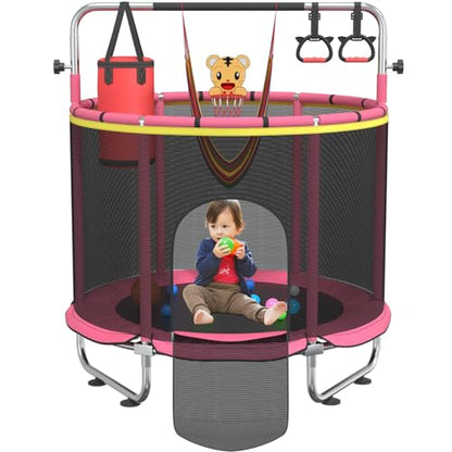 Trampoline for Kids, 55" Indoor & Outdoor Toddler Trampoline, Anti-Rollover Bottom Kids Toys with Adjustable Gymnastics Bars, Toddler Swing, Basketball Hoop - color: RoseRed