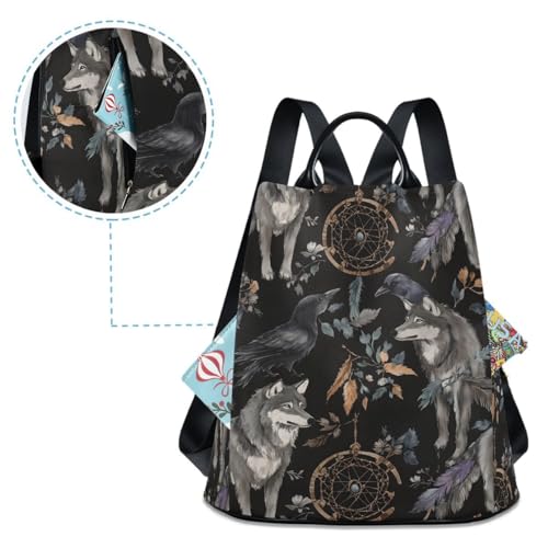 ALAZA Watercolor Black Raven and Wolf Boho Backpack Purse with Adjustable Straps - color: Multi 6