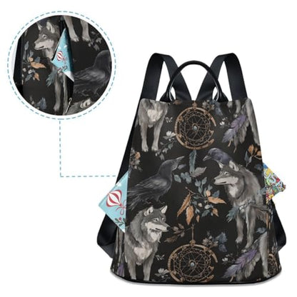 ALAZA Watercolor Black Raven and Wolf Boho Backpack Purse with Adjustable Straps - color: Multi 6