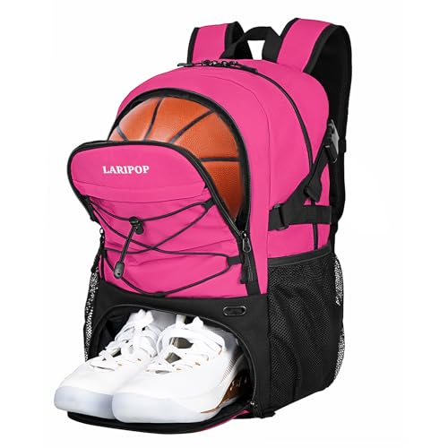 LARIPOP Basketball Backpack with Ball Compartment - Ventilated Shoe Pocket Fits US Size 15, Water Resistant 30L Sports Bag for Men Women Teen Athletes Practice Travel - color: Pink
