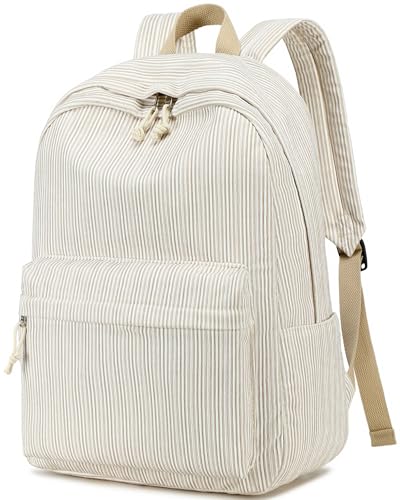 BTOOP School Backpack for Teens Large Corduroy Bookbag Lightweight 15.6 inch Laptop Bag for Girls Women Casual High School College - color: Khaki-stripe