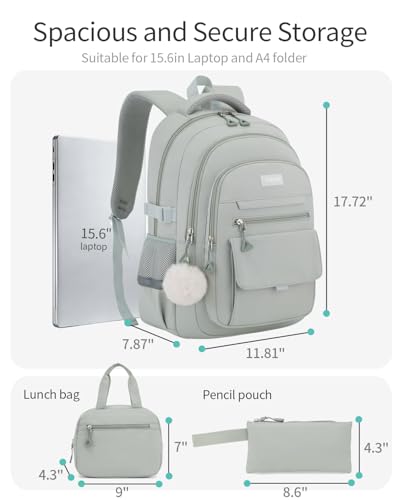 Girls School Backpack Set with Lunch Box, Teens Bookbag for Highschool Elementary Middle School Cute Back Pack, Green-3 packs - color: Green-3 Pcs, size: 15.6in