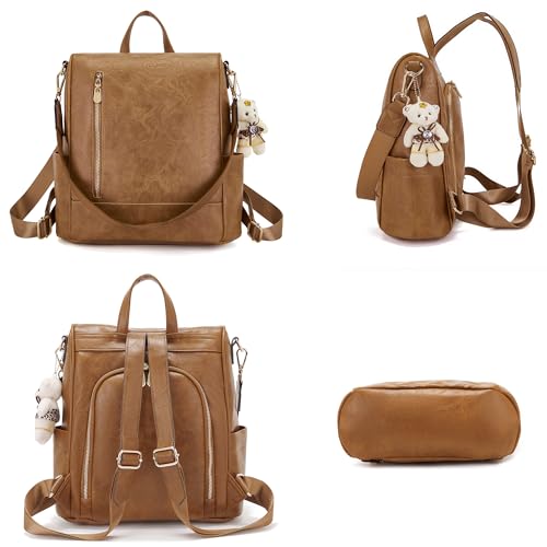 Soperwillton Women Fashion Backpack Purse Anti-Theft Leather Shoulder Bag Travel Multi Pockets Handbag Wallet Set 3pcs - color: Teabrown