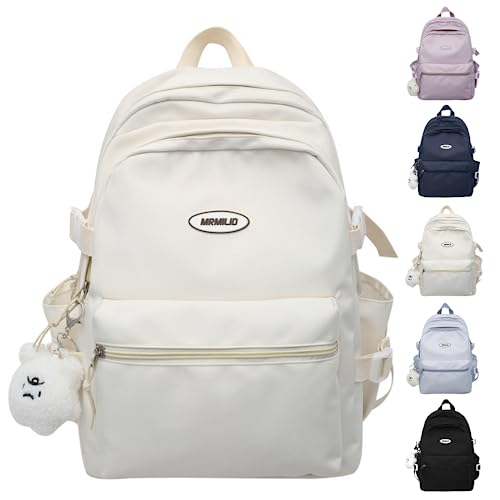 VTTDB Kawaii Backpack with Cute Accessories Casual Aesthetic Daypack Simple Laptop Bag Waterproof Travel Rucksack for Women (white) - color: White