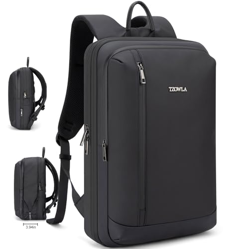 Tzowla Business Commute Laptop Backpack Fit 17.3 Inch Laptop,Slim & Expandable Waterproof Work Backpacks with Luggage Strap,Travel Lightweight Bag Gift for Men Women(Black) - color: Black