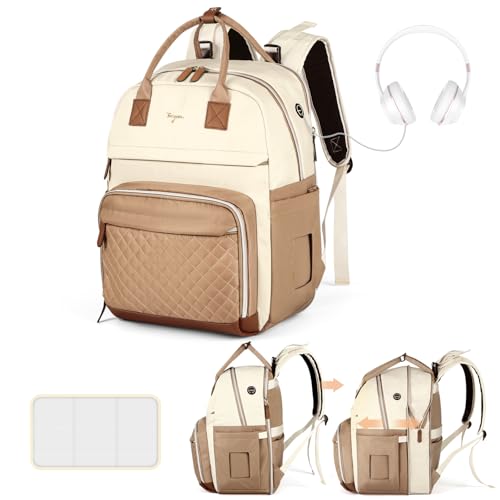 Diaper Bag Backpack - Extra Large Diaper Bag for 2 Kids Twin, Travel Baby Bags for Mom Dad 25-37L Expandable with Changing Pad Earphone Hole, Apricot Beige - color: Beige & Apricot