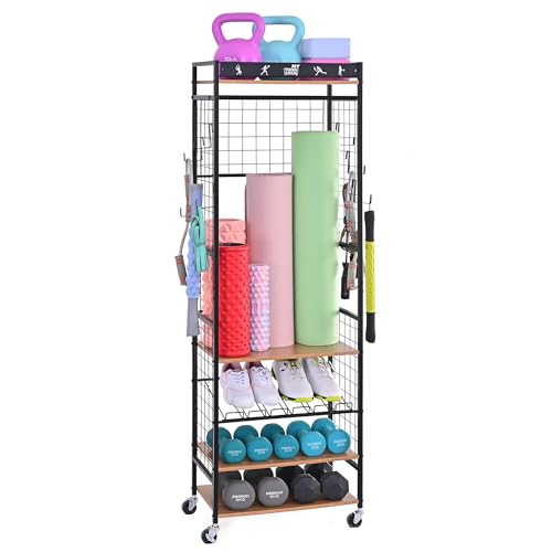 Mythinglogic Weight Rack for Dumbbells, Home Gym Storage for Yoga Mat Dumbbells Kettlebells and Strength Training Equipment, Dumbbell Rack with Wheels and Hanging Hooks - color: Black+Brown