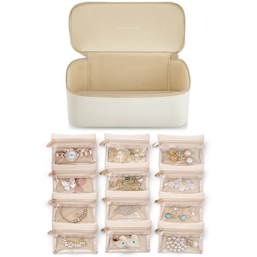VLANDO Travel Jewelry Case,Jewelry Box with 12 Velvet Jewelry Pouch Jewelry Travel Organizer for Women Girl Jewelry Case Necklace Rings Earrings Bags Wedding Gifts (White) - color: 12PCS-White