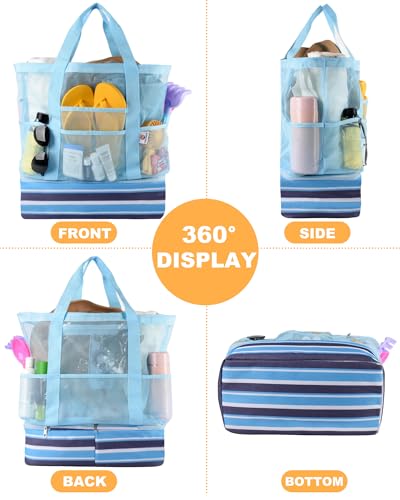 CaCTOUR Beach Bag with Cooler Compartment,Mesh Beach Bag Dry Wet Detachable with Zipper Pockets,Waterproof Sandproof Pool Bag - color: Blue