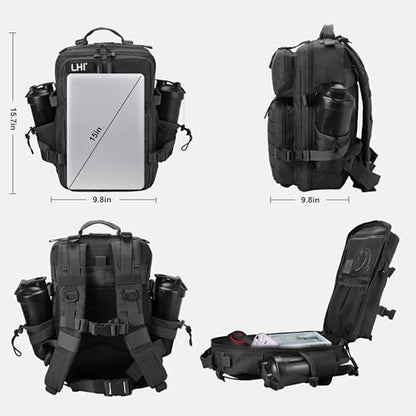 LHI Tactical Military Backpack for Men 25L/45L Large Molle Army Assault Pack 3 Day Hiking Rucksack With Bottle Holder - color: Black With Bottle Holder, size: 25L