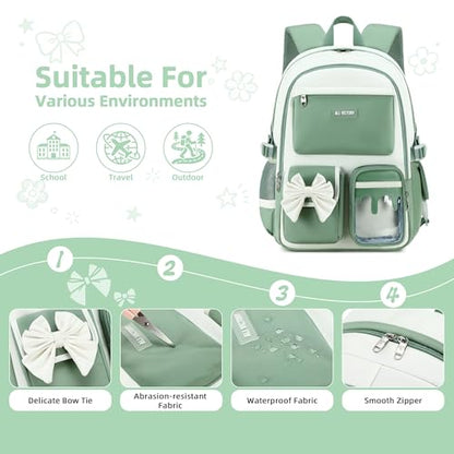 School Backpack for Girls 3PCS Nylon Kids Backpack Set with Lunch Box & Pencil Pouch, Cute Lightweight Teen Girls School Bag Laptop Bag Travel Daypack for Elementary Middle High School Beige Green - color: Green