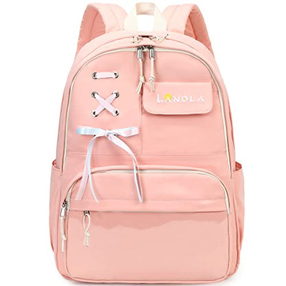 Lanola Teen Girl School Backpack Casual Daypack Bookbag Elementary College Travel Backpack with Cute Ribbon for Girls - color: Pink