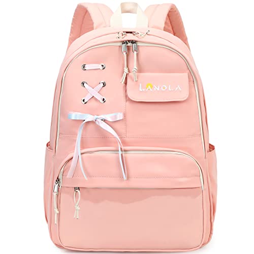 Lanola Teen Girl School Backpack Casual Daypack Bookbag Elementary College Travel Backpack with Cute Ribbon for Girls - color: Pink