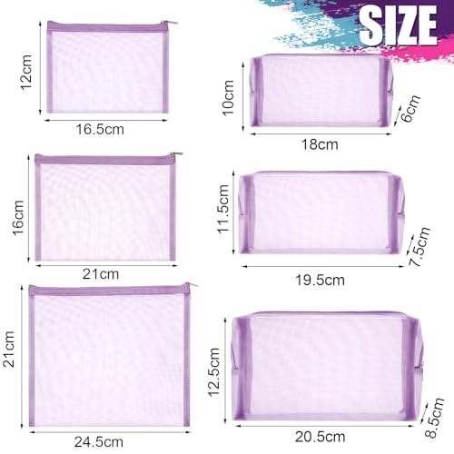 Boao 6 Pieces Mesh Zipper Makeup Bag Set For Travel - color: Light Purple