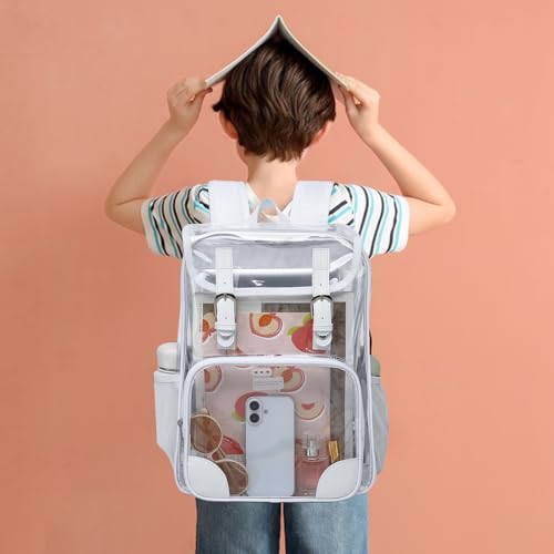 Fuyicat Clear Backpack Heavy Duty PVC Transparent Girls Kids School Backpacks Stadium Approved See Through College Bookbag for Women (White) - color: White