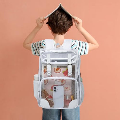 Fuyicat Clear Backpack Heavy Duty PVC Transparent Girls Kids School Backpacks Stadium Approved See Through College Bookbag for Women (White) - color: White