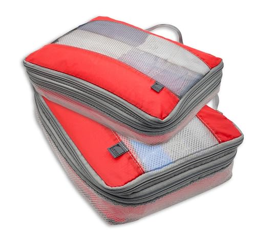 Lewis N. Clark ElectroLight Expandable Compression-Packing Cube + Travel Organizer for Luggage, Suitcase or Carry On with Smart Design Grab Handle & Breathable Mesh, 2-Pack (1 Med, 1 Large), Red - color: Red