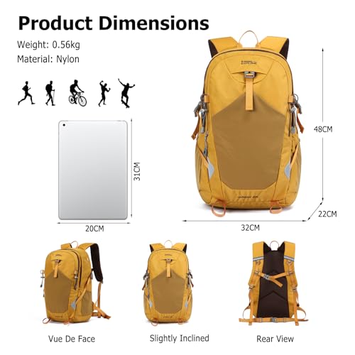 35L Hiking Backpack Waterproof Rucksack Large Lightweight Daypack with Reflective Strip Durable Nylon Backpack for Women Men Camping Climbing Travel Outdoor Sports Yellow - color: Yellow