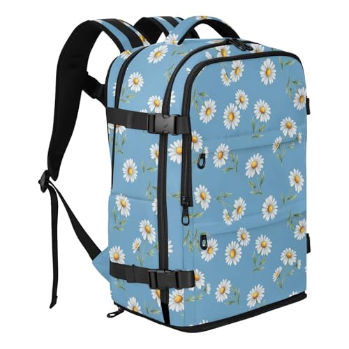 Travel Backpack with Shoe Compartment, 20L Large Capacity Laptop Backpack for Men Women, Daisies Blue Daypack for Traveling Hiking Carry On