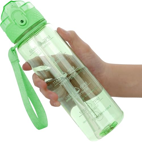 OLDLEY 17oz Kids Water Bottle, Tritan BPA-Free, Leakproof Flip Straw Lid, Motivational Time Marker, Carry Strap, Reusable Clear Water Bottle for Boys & Girls,Pear - color: Pear, style: 17 Ounces
