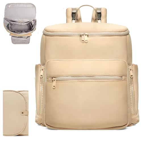 Diaper Bag Backpack, Neoprene Bag Backpack, Large Diaper Backpack with 16 Diaper Bag Organizers, 4 Insulated Pockets, Lighweight Travel Baby Bag with Changing Pad for Mom & Dad, Apricot - color: Apricot