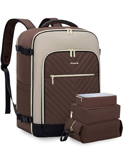 LOVEVOOK Large Travel Backpack for Women, TSA Carry on Backpack for Airplanes, 40L Personal Item Travel Bag for Women fits 17" Laptop,Waterproof Carry on Bag Airplane Approved with 3 Packing Cubes - color: Dark Coffee - Abricot - Black, size: 40L-4Pcs